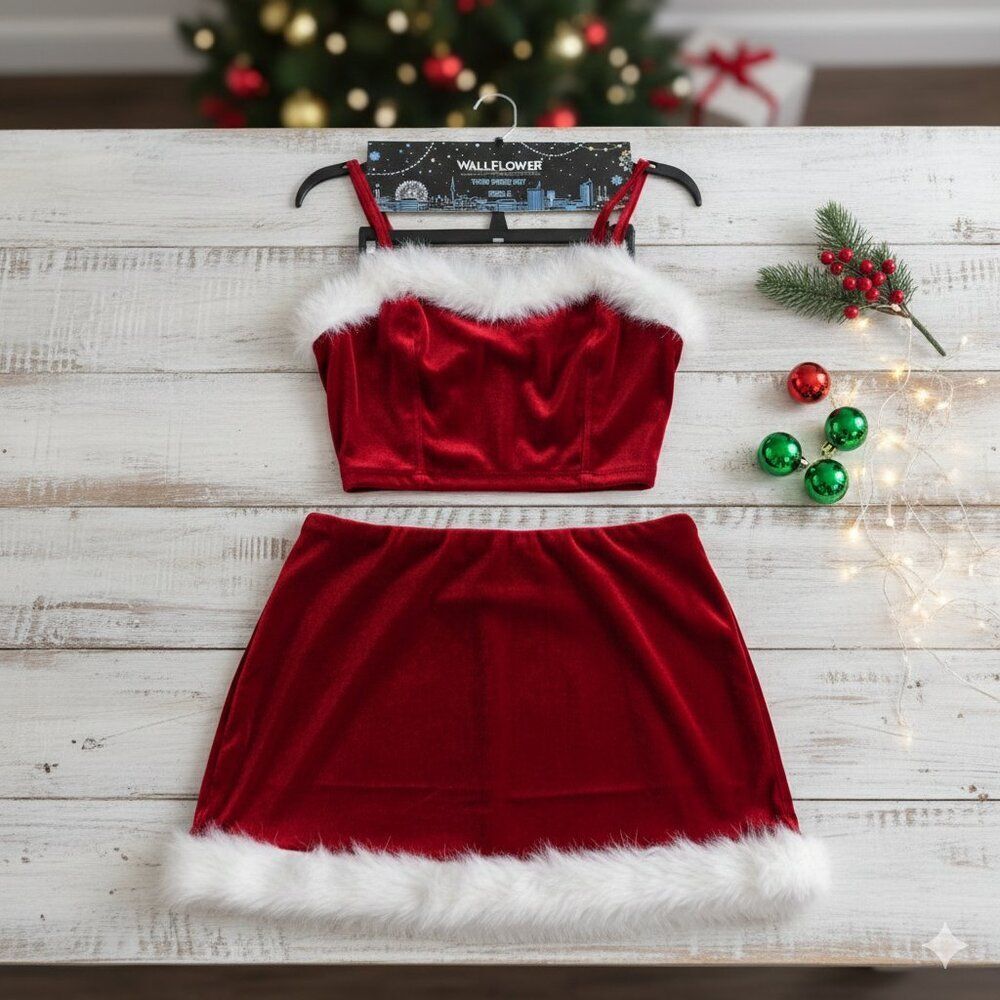 Wallflower Festive Red Velvet Mini Camisole and Skirt with White Furry Trim
